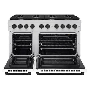 ZLINE Autograph Edition 48 in. 6.7 cu. ft. Paramount Double Oven Gas Range with 8 Burner Cooktop in Stainless Steel with White Matte Doors and Matte Black Accents (SGRZ-WM-48-MB) front, open.