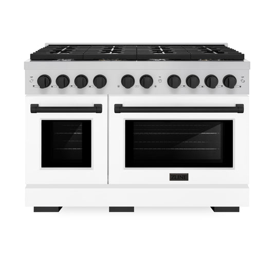 ZLINE Autograph Edition 48 in. 6.7 cu. ft. 8 Burner Double Oven Gas Range in Stainless Steel with White Matte Doors and Matte Black Accents (SGRZ-WM-48-MB) front, oven closed.