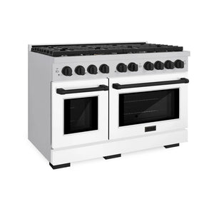 ZLINE Autograph Edition 48 in. 6.7 cu. ft. Paramount Double Oven Gas Range with 8 Burner Cooktop in Stainless Steel with White Matte Doors and Matte Black Accents (SGRZ-WM-48-MB) main image.