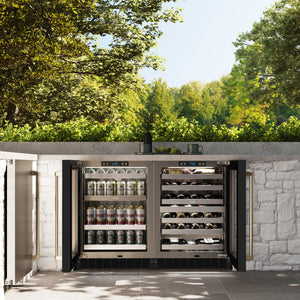 ZLINE Autograph Edition 24 in. Touchstone 151 Can Beverage Fridge With Black Matte Glass Door And Champagne Bronze Handle (RBSOZ-BLM-24-CB) in a luxury outdoor patio, front, open with bottles and cans inside.