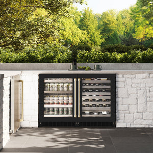 ZLINE Autograph Edition 24 in. Touchstone 151 Can Beverage Fridge With Black Matte Glass Door And Champagne Bronze Handle (RBSOZ-BLM-24-CB) front, in a luxury outdoor kitchen.