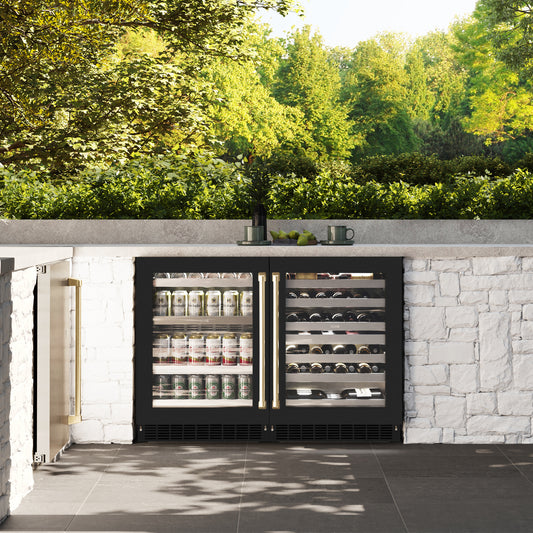 ZLINE Autograph Edition 24 in. Touchstone 151 Can Beverage Fridge With Black Matte Glass Door And Champagne Bronze Handle (RBSOZ-BLM-24-CB) in a luxury outdoor patio, front.