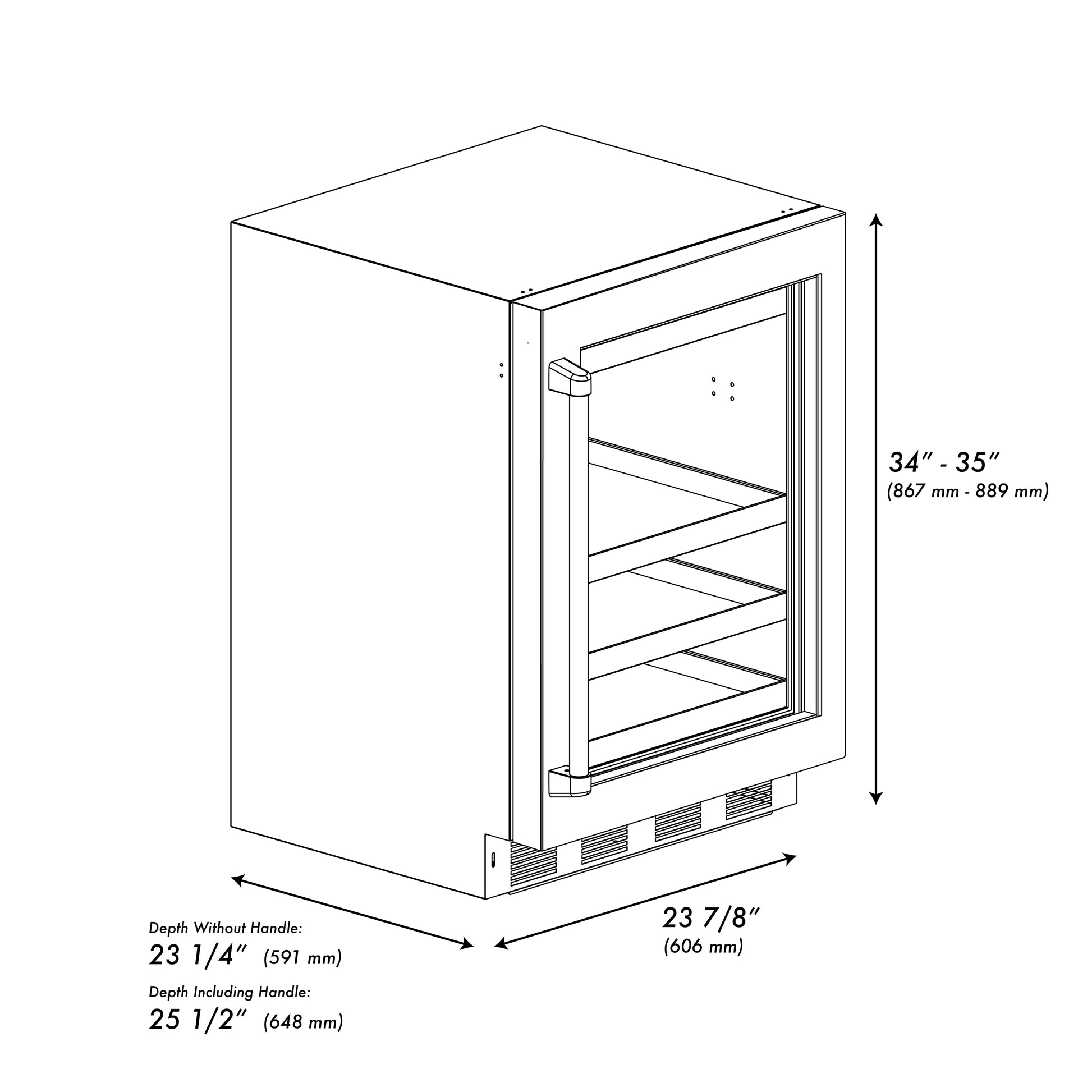 ZLINE Autograph Edition 24 in. Touchstone 151 Can Beverage Fridge With Black Matte Glass Door And Champagne Bronze Handle (RBSOZ-BLM-24-CB) dimensional diagram.