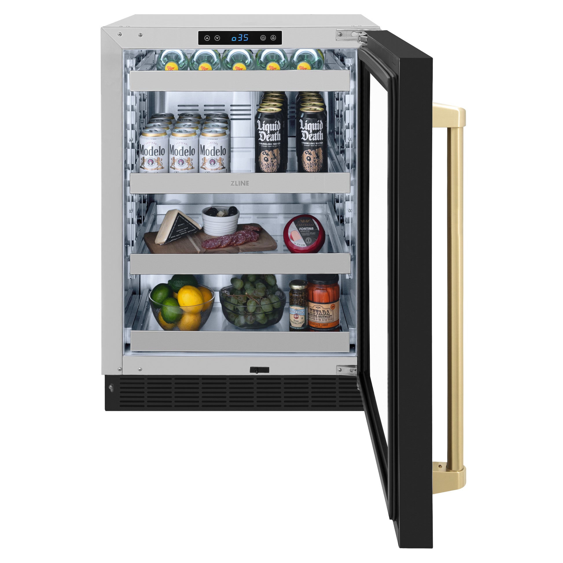 ZLINE Autograph Edition 24 in. Touchstone 151 Can Beverage Fridge With Black Matte Glass Door And Champagne Bronze Handle (RBSOZ-BLM-24-CB) front, open, full.