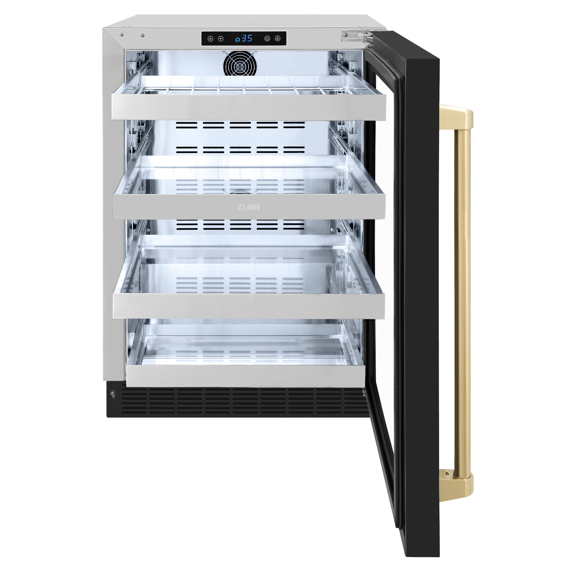 ZLINE Autograph Edition 24 in. Touchstone Dual Zone 44 Bottle Wine Cooler With Black Matte Glass Door And Champagne Bronze Handle (RWDOZ-BLM-24-CB) front, open.