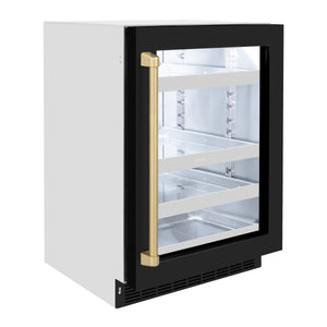 ZLINE Autograph Edition 24 in. Touchstone 151 Can Beverage Fridge With Black Matte Glass Door And Champagne Bronze Handle (RBSOZ-BLM-24-CB) side, closed.