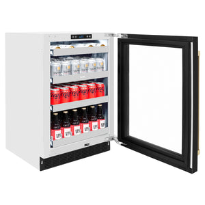 ZLINE Autograph Edition 24 in. Touchstone 151 Can Beverage Fridge With Black Matte Glass Door And Champagne Bronze Handle (RBSOZ-BLM-24-CB) side, open, full.