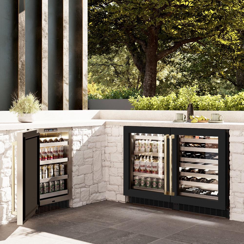 ZLINE Autograph Edition 24 in. Touchstone Dual Zone 44 Bottle Wine Cooler With Black Matte Glass Door And Polished Gold Handle (RWDOZ-BLM-24-G) in a luxury outdoor patio, side.