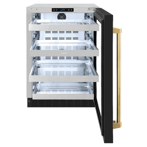 ZLINE Autograph Edition 24 in. Touchstone Dual Zone 44 Bottle Wine Cooler With Black Matte Glass Door And Polished Gold Handle (RWDOZ-BLM-24-G) front, open.