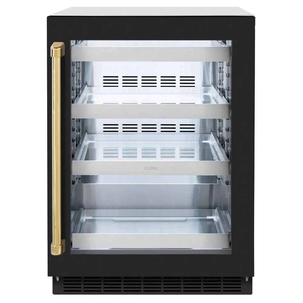 ZLINE Autograph Edition 24 in. Touchstone 151 Can Beverage Fridge With Black Matte Glass Door And Polished Gold Handle (RBSOZ-BLM-24-G) main image.