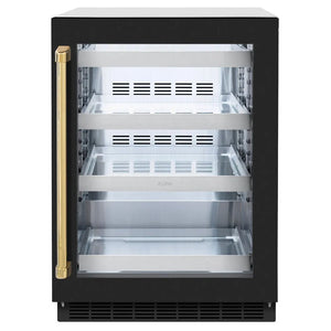 ZLINE Autograph Edition 24 in. Touchstone 151 Can Beverage Fridge With Black Matte Glass Door And Polished Gold Handle (RBSOZ-BLM-24-G) main image.
