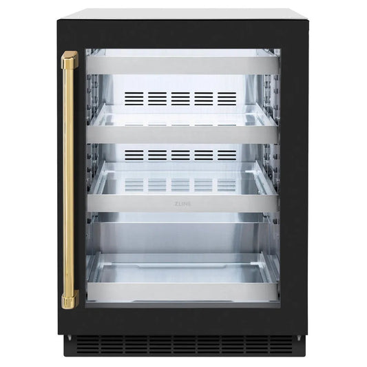 ZLINE Autograph Edition 24 in. Touchstone 151 Can Beverage Fridge With Black Matte Glass Door And Polished Gold Handle (RBSOZ-BLM-24-G) main image.