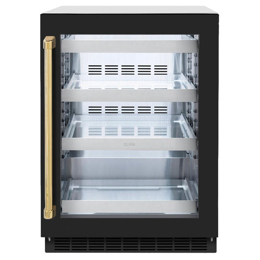 ZLINE Autograph Edition 24 in. Touchstone Dual Zone 44 Bottle Wine Cooler With Black Matte Glass Door And Polished Gold Handle (RWDOZ-BLM-24-G)