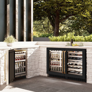 ZLINE Autograph Edition 24 in. Touchstone Dual Zone 44 Bottle Wine Cooler With Black Matte Glass Door And Polished Gold Handle (RWDOZ-BLM-24-G) in an outdoor kitchen.
