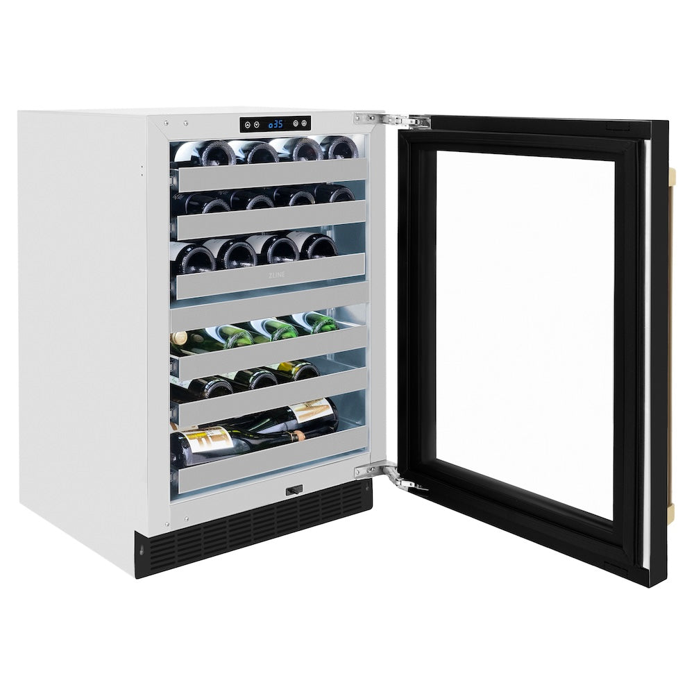 ZLINE Autograph Edition 24 in. Touchstone Dual Zone 44 Bottle Wine Cooler With Black Matte Glass Door And Champagne Bronze Handle (RWDOZ-BLM-24-CB) side, with open door displaying wine bottles inside.