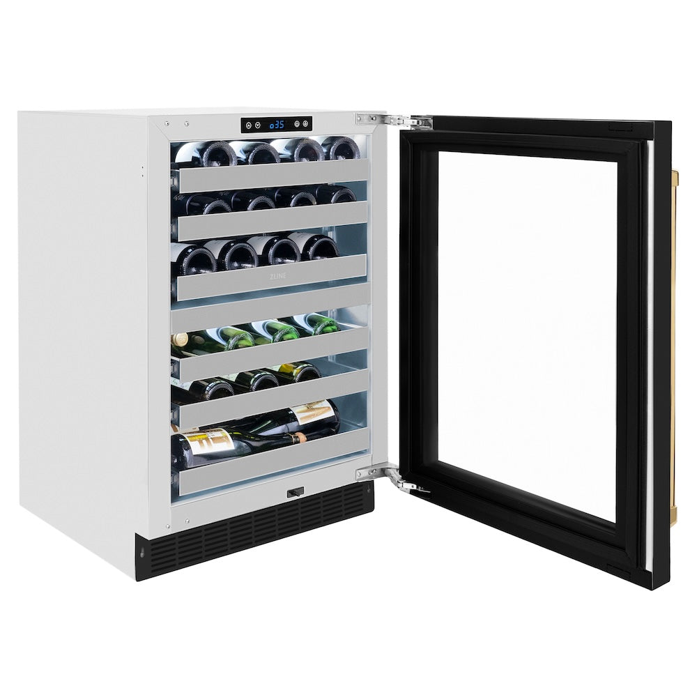 ZLINE Autograph Edition 24 in. Touchstone Dual Zone 44 Bottle Wine Cooler With Black Matte Glass Door And Polished Gold Handle (RWDOZ-BLM-24-G) side, open, with bottles.