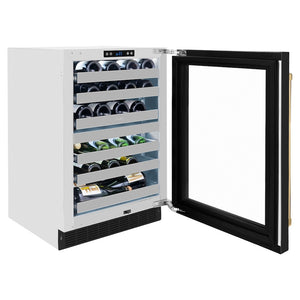 ZLINE Autograph Edition 24 in. Touchstone Dual Zone 44 Bottle Wine Cooler With Black Matte Glass Door And Polished Gold Handle (RWDOZ-BLM-24-G) side, open, with bottles.