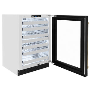 ZLINE Autograph Edition 24 in. Touchstone Dual Zone 44 Bottle Wine Cooler With Black Matte Glass Door And Polished Gold Handle (RWDOZ-BLM-24-G) side, open.