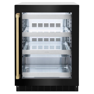 ZLINE Autograph Edition 24 in. Touchstone 151 Can Beverage Fridge With Black Stainless Steel Glass Door And Champagne Bronze Handle (RBSOZ-BS-24-CB) front, closed.