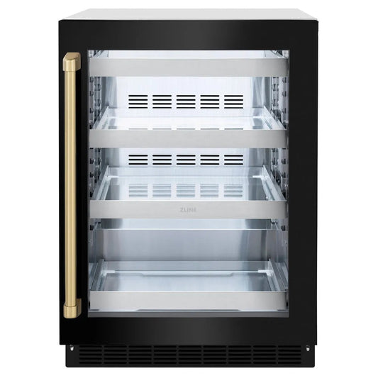 ZLINE Autograph Edition 24 in. Touchstone 151 Can Beverage Fridge With Black Stainless Steel Glass Door And Champagne Bronze Handle (RBSOZ-BS-24-CB) main image.