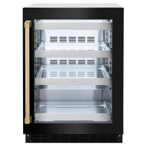 ZLINE Autograph Edition 24 in. Touchstone 151 Can Beverage Fridge With Black Stainless Steel Glass Door And Polished Gold Handle (RBSOZ-BS-24-G) front, closed.