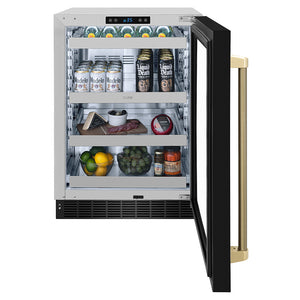ZLINE Autograph Edition 24 in. Touchstone 151 Can Beverage Fridge with Black Stainless Steel Glass Door and Champagne Bronze Helix Handle (RBSOZ-BS-24-KCB) front, open, with various beverages inside.