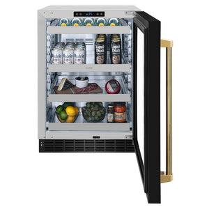 ZLINE Autograph Edition 24 in. Touchstone 151 Can Beverage Fridge with Black Stainless Steel Glass Door and Polished Gold Helix Handle (RBSOZ-BS-24-KG) front, open, with various beverages inside.