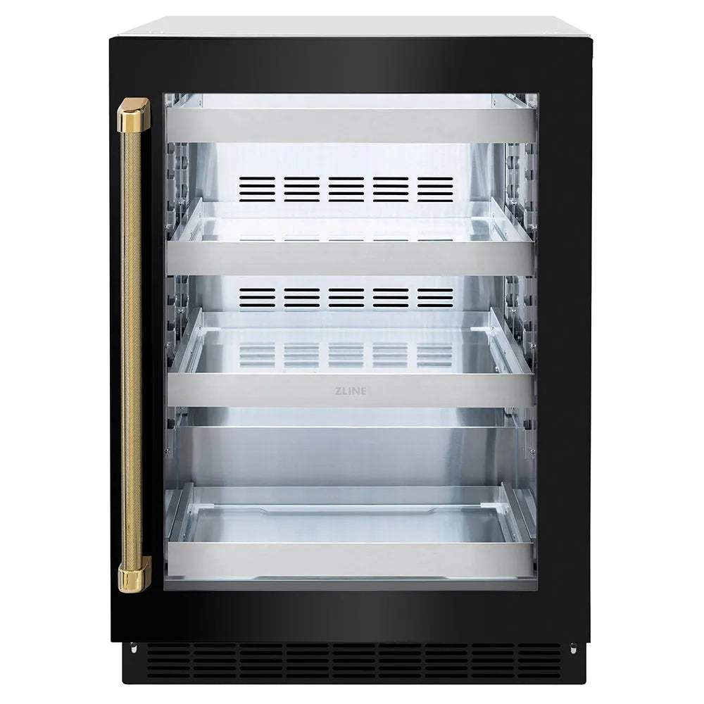 ZLINE Autograph Edition 24 in. Touchstone 151 Can Beverage Fridge with Black Stainless Steel Glass Door and Polished Gold Helix Handle (RBSOZ-BS-24-KG) main image.