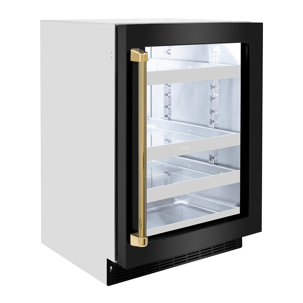 ZLINE Autograph Edition 24 in. Touchstone 151 Can Beverage Fridge with Black Stainless Steel Glass Door and Polished Gold Helix Handle (RBSOZ-BS-24-KG) side.