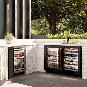 ZLINE Autograph Edition 24 in. Touchstone Dual Zone 44 Bottle Wine Cooler With Black Stainless Steel Glass Door And Polished Gold Handle (RWDOZ-BS-24-G) in a luxury kitchen.