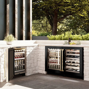 ZLINE Autograph Edition 24 in. Touchstone Dual Zone 44 Bottle Wine Cooler With Black Stainless Steel Glass Door And Champagne Bronze Handle (RWDOZ-BS-24-CB) in a luxury kitchen.