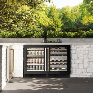 ZLINE Autograph Edition 24 in. Touchstone Dual Zone 44 Bottle Wine Cooler With Black Stainless Steel Glass Door And Champagne Bronze Handle (RWDOZ-BS-24-CB) front, in a luxury outdoor kitchen.
