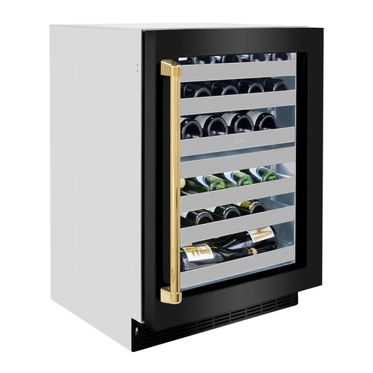 ZLINE Autograph Edition 24 in. Touchstone Dual Zone 44 Bottle Wine Cooler With Black Stainless Steel Glass Door And Polished Gold Handle (RWDOZ-BS-24-G) side, closed.