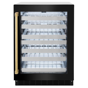 ZLINE Autograph Edition 24 in. Touchstone Dual Zone 44 Bottle Wine Cooler With Black Stainless Steel Glass Door And Polished Gold Handle (RWDOZ-BS-24-G) front, closed.
