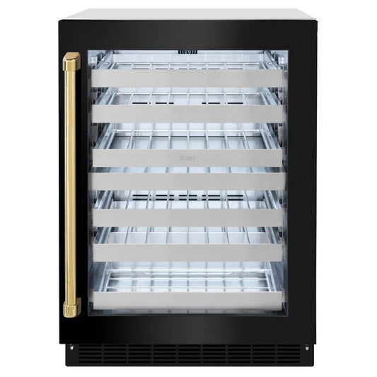 ZLINE Autograph Edition 24 in. Touchstone Dual Zone 44 Bottle Wine Cooler With Black Stainless Steel Glass Door And Polished Gold Handle (RWDOZ-BS-24-G) main image.