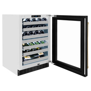 ZLINE Autograph Edition 24 in. Touchstone Dual Zone 44 Bottle Wine Cooler With Black Stainless Steel Glass Door And Polished Gold Handle (RWDOZ-BS-24-G) side, open, full.