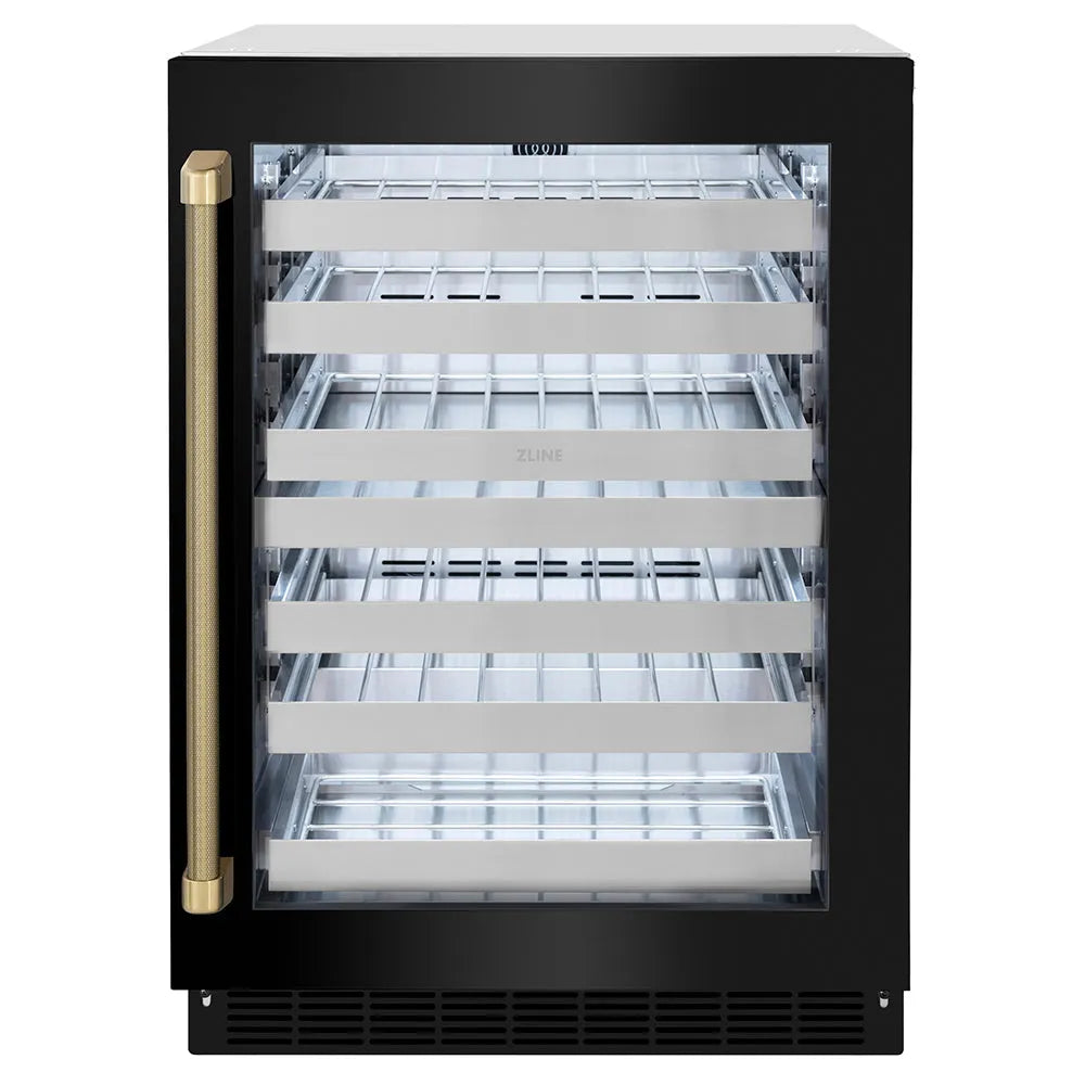 ZLINE Autograph Edition 24 in. Touchstone Dual Zone 44 Bottle Wine Cooler with Black Stainless Steel Glass Door and Champagne Bronze Helix Handle (RWDOZ-BS-24-KCB) main image.