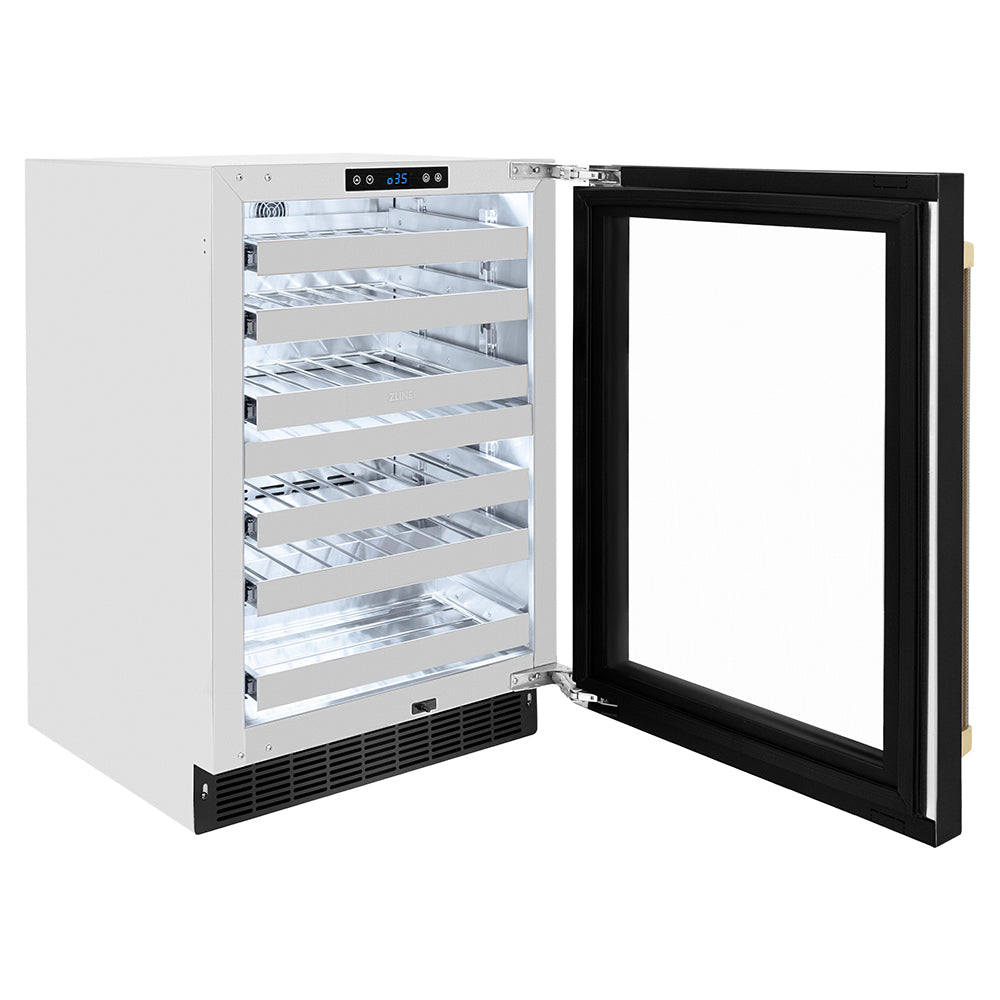 ZLINE Autograph Edition 24 in. Touchstone Dual Zone 44 Bottle Wine Cooler with Black Stainless Steel Glass Door and Champagne Bronze Helix Handle (RWDOZ-BS-24-KCB) side, open.