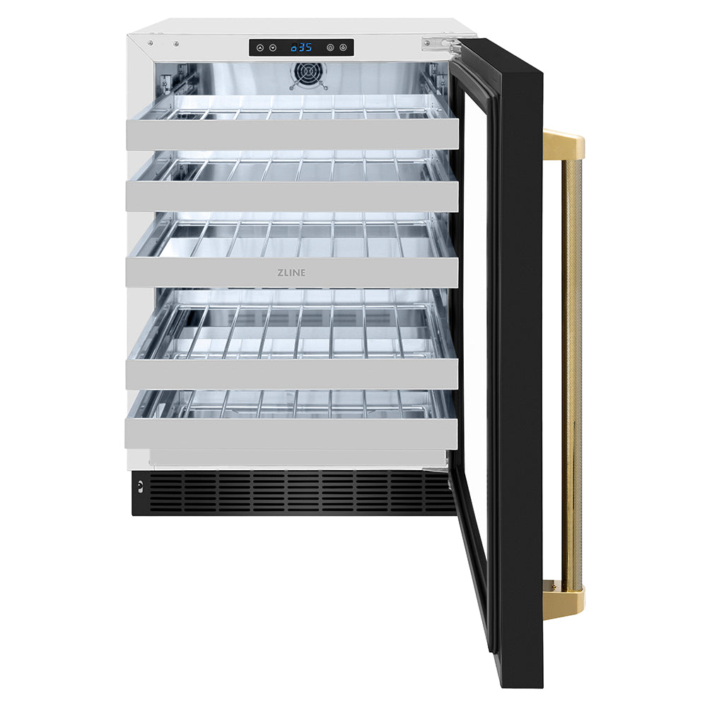 ZLINE Autograph Edition 24 in. Touchstone Dual Zone 44 Bottle Wine Cooler with Black Stainless Steel Glass Door and Polished Gold Helix Handle (RWDOZ-BS-24-KG) front, open.