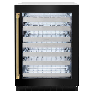 ZLINE Autograph Edition 24 in. Touchstone Dual Zone 44 Bottle Wine Cooler with Black Stainless Steel Glass Door and Polished Gold Helix Handle (RWDOZ-BS-24-KG)