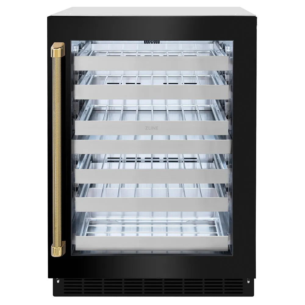 ZLINE Autograph Edition 24 in. Touchstone Dual Zone 44 Bottle Wine Cooler with Black Stainless Steel Glass Door and Polished Gold Helix Handle (RWDOZ-BS-24-KG) main image.