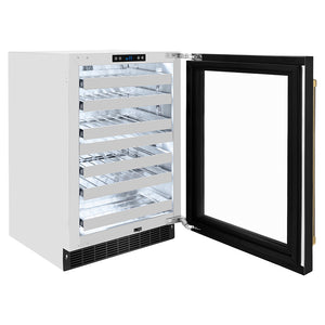 ZLINE Autograph Edition 24 in. Touchstone Dual Zone 44 Bottle Wine Cooler with Black Stainless Steel Glass Door and Polished Gold Helix Handle (RWDOZ-BS-24-KG) side, open.