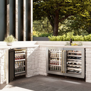 ZLINE Autograph Edition 24 in. Touchstone 151 Can Beverage Fridge With DuraSnow® Stainless Steel Glass Door And Champagne Bronze Handle (RBSOZ-SN-24-CB) in a luxury outdoor patio, side.