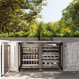 ZLINE Autograph Edition 24 in. Touchstone 151 Can Beverage Fridge With DuraSnow® Stainless Steel Glass Door And Champagne Bronze Handle (RBSOZ-SN-24-CB) in a luxury outdoor patio, front, open with bottles and cans inside.