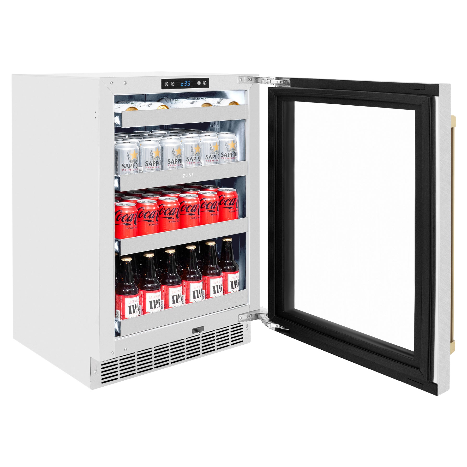 ZLINE Autograph Edition 24 in. Touchstone 151 Can Beverage Fridge With DuraSnow® Stainless Steel Glass Door And Champagne Bronze Handle (RBSOZ-SN-24-CB) side, open, full.