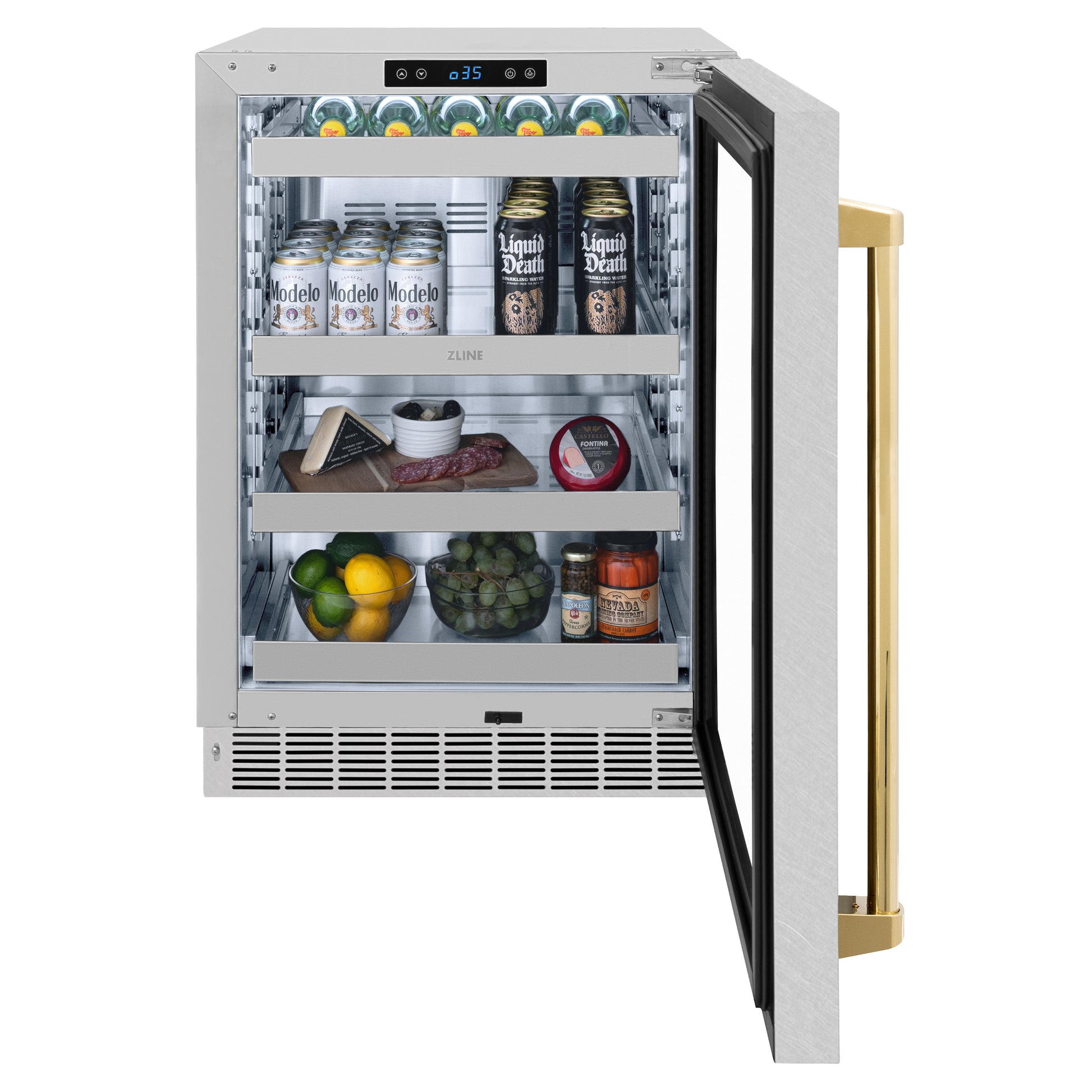 ZLINE Autograph Edition 24 in. Touchstone 151 Can Beverage Fridge With DuraSnow® Stainless Steel Glass Door And Polished Gold Handle (RBSOZ-SN-24-G) front, open, full.