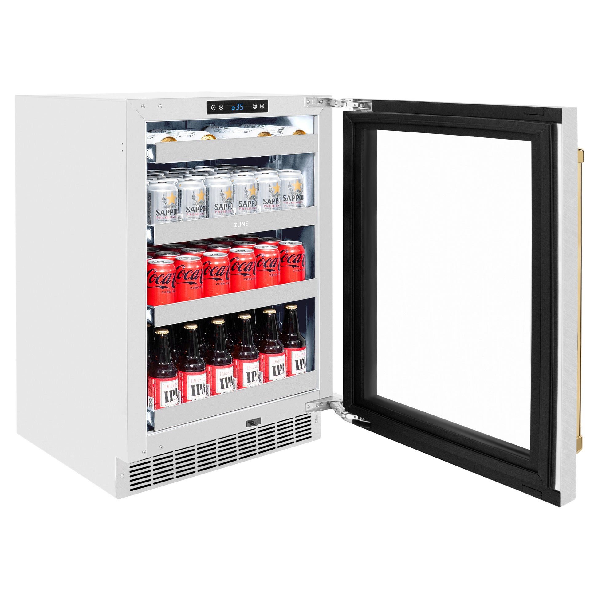 ZLINE Autograph Edition 24 in. Touchstone 151 Can Beverage Fridge With DuraSnow® Stainless Steel Glass Door And Polished Gold Handle (RBSOZ-SN-24-G) side, open, full.