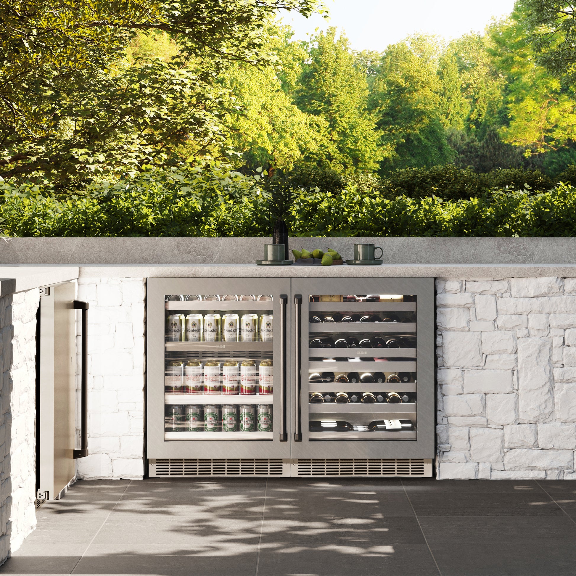 ZLINE Autograph Edition 24 in. Touchstone 151 Can Beverage Fridge With DuraSnow® Stainless Steel Glass Door And Matte Black Handle (RBSOZ-SN-24-MB) in a luxury outdoor patio, front.