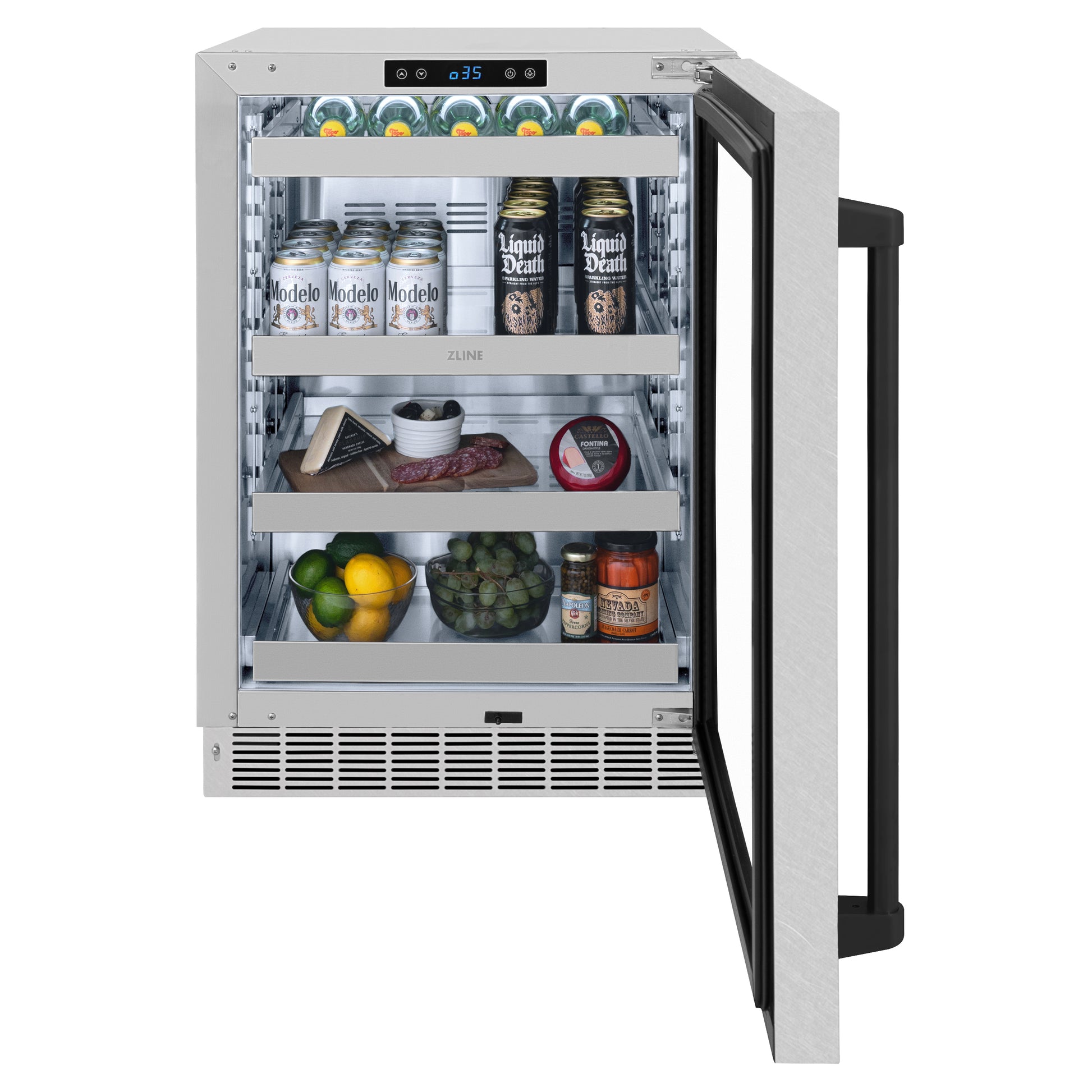 ZLINE Autograph Edition 24 in. Touchstone 151 Can Beverage Fridge With DuraSnow® Stainless Steel Glass Door And Matte Black Handle (RBSOZ-SN-24-MB) front, open, full.