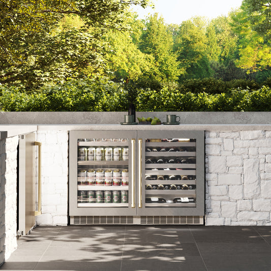 ZLINE Autograph Edition 24 in. Touchstone Dual Zone 44 Bottle Wine Cooler With DuraSnow® Stainless Steel Glass Door And Champagne Bronze Handle (RWDOZ-SN-24-CB) in a luxury outdoor patio, front.